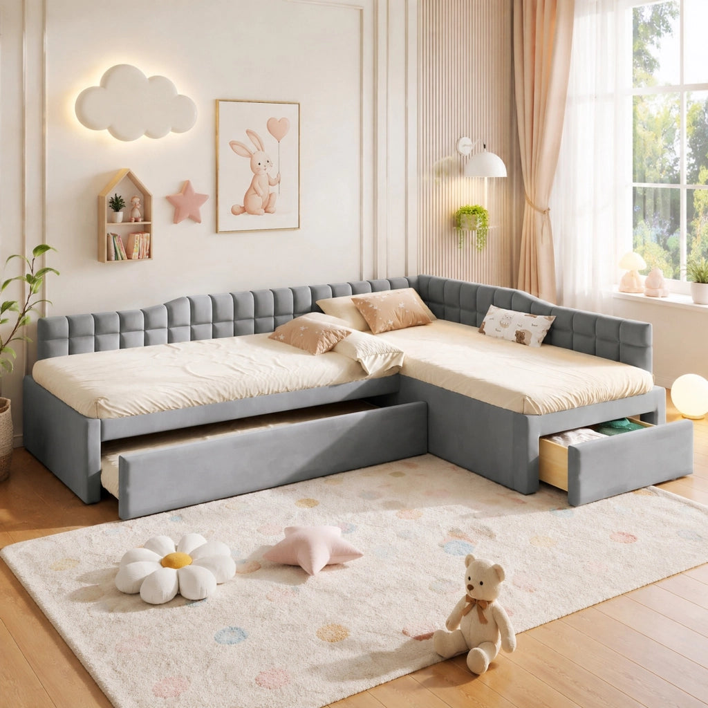 Letto angolare imbottito grigio con estraibile e cassetti 90x200 cm
