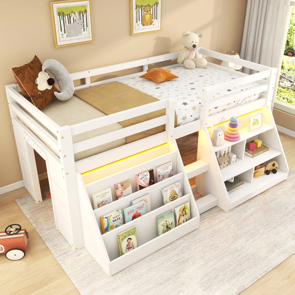Letto rialzato 90x200 cm bianco con vani portaoggetti