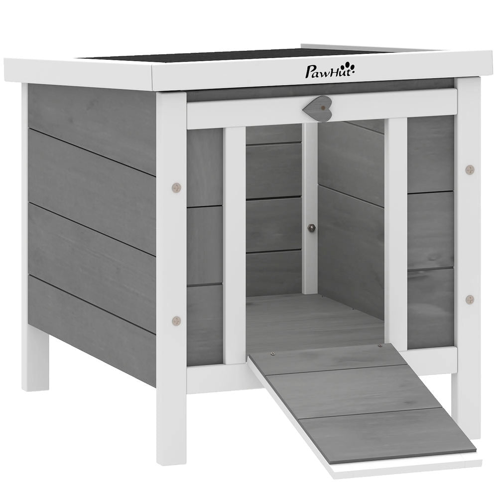 Casetta per piccoli animali in legno di abete grigio con rampa conigliera da giardino rialzata e resistente