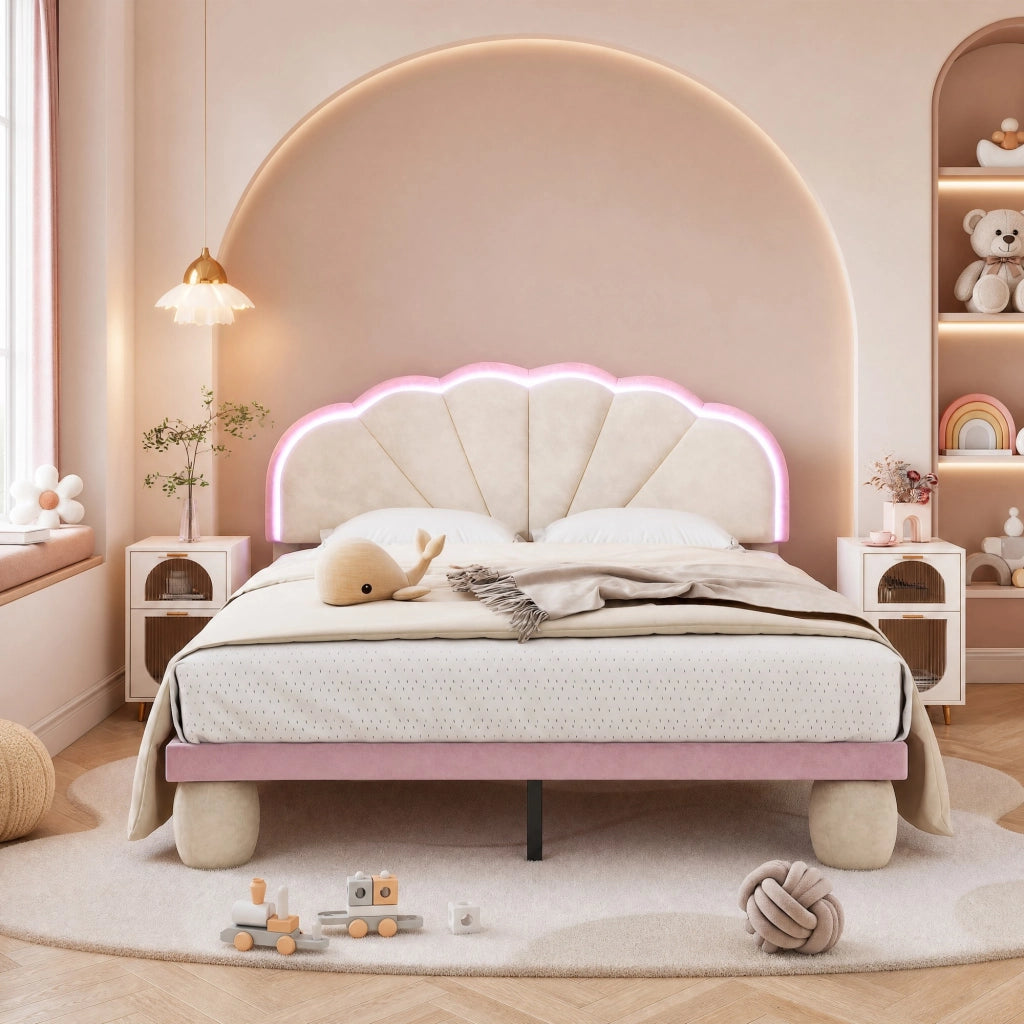 Letto imbottito per bambini 140x200 cm con luci multicolore in velluto beige e rosa