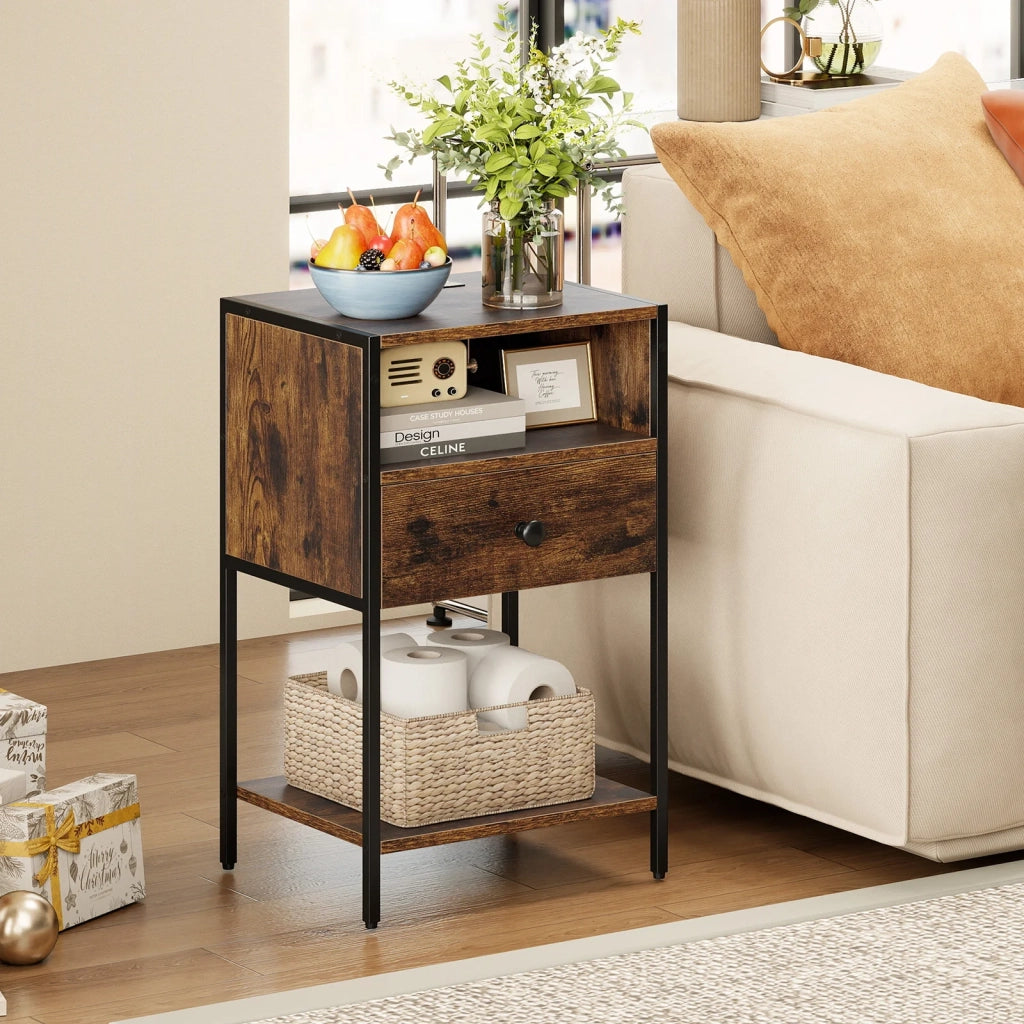 Nightstand with charging station, industrial side table with open compartment, drawer & shelf, rustic brown