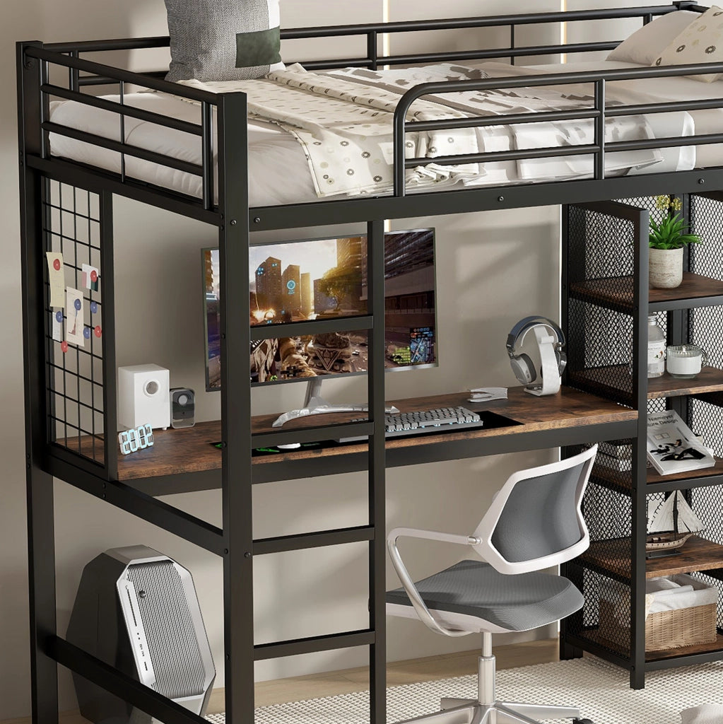 Letto a soppalco 90x200 cm con scrivania e scaffale in metallo e MDF nero