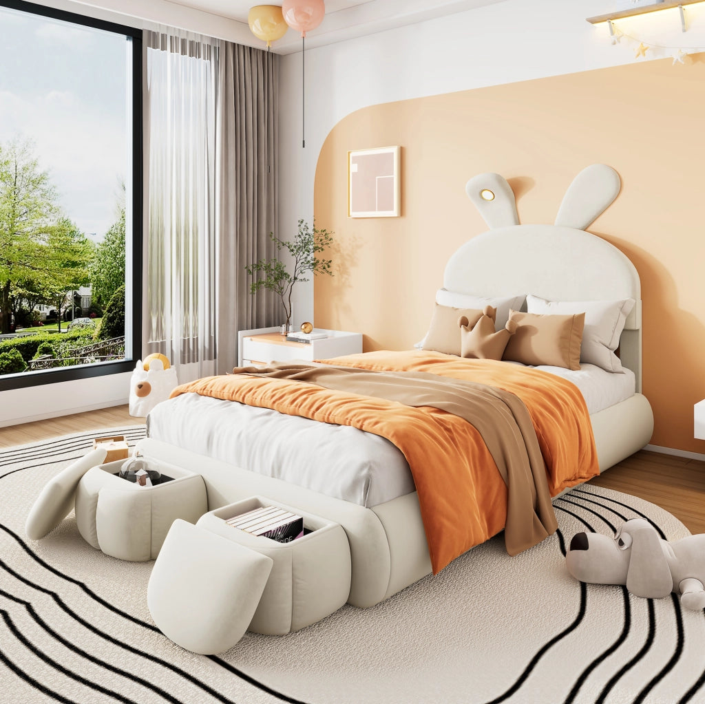 Letto singolo per bambini 90x200 cm con LED regolabile e 2 pouf; velluto beige