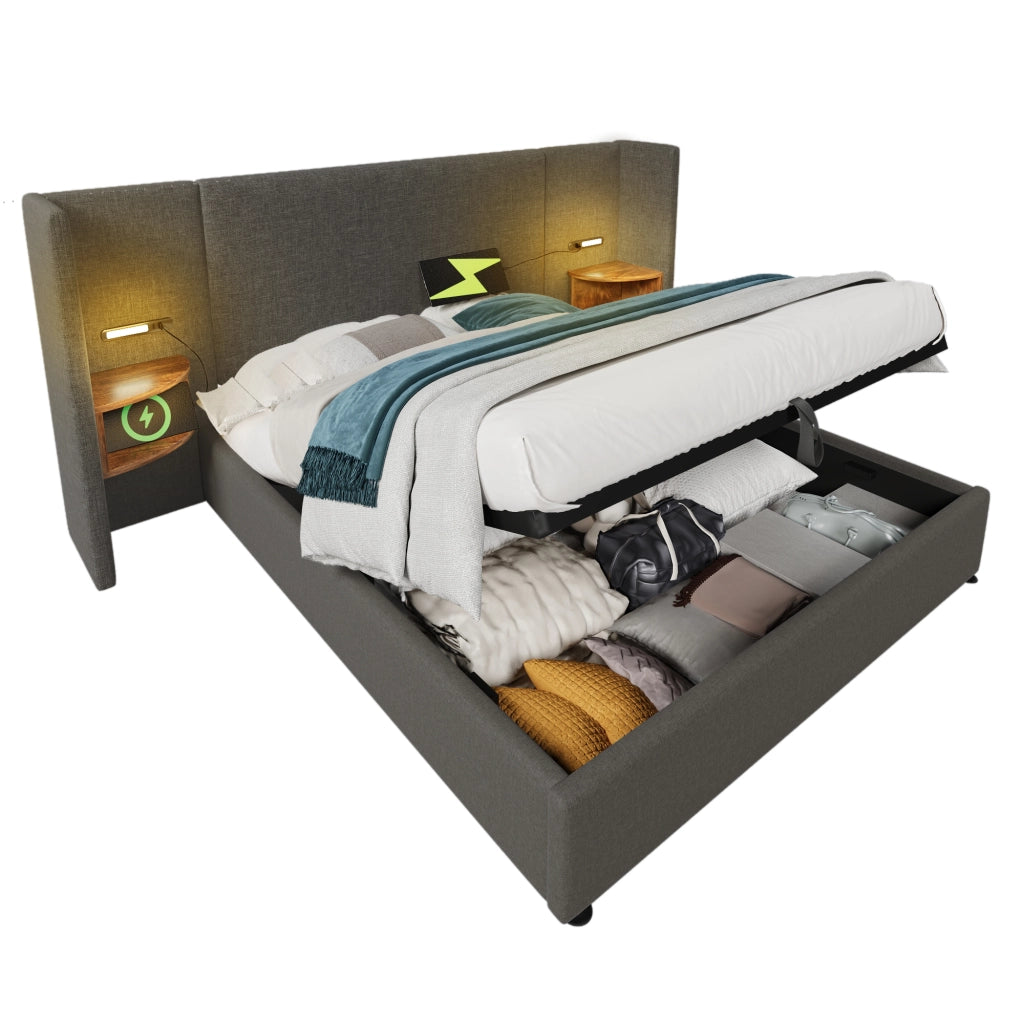Letto Contenitore 160 x 200 cm, Matrimoniale, Lampada Touch, USB e Tipo C, Grigio