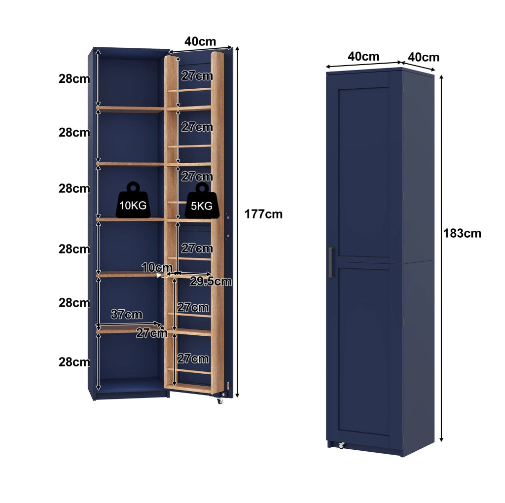 Armadio alto blu in MDF con ripiani regolabili e vani nell’anta, 40 × 40 × 183 cm
