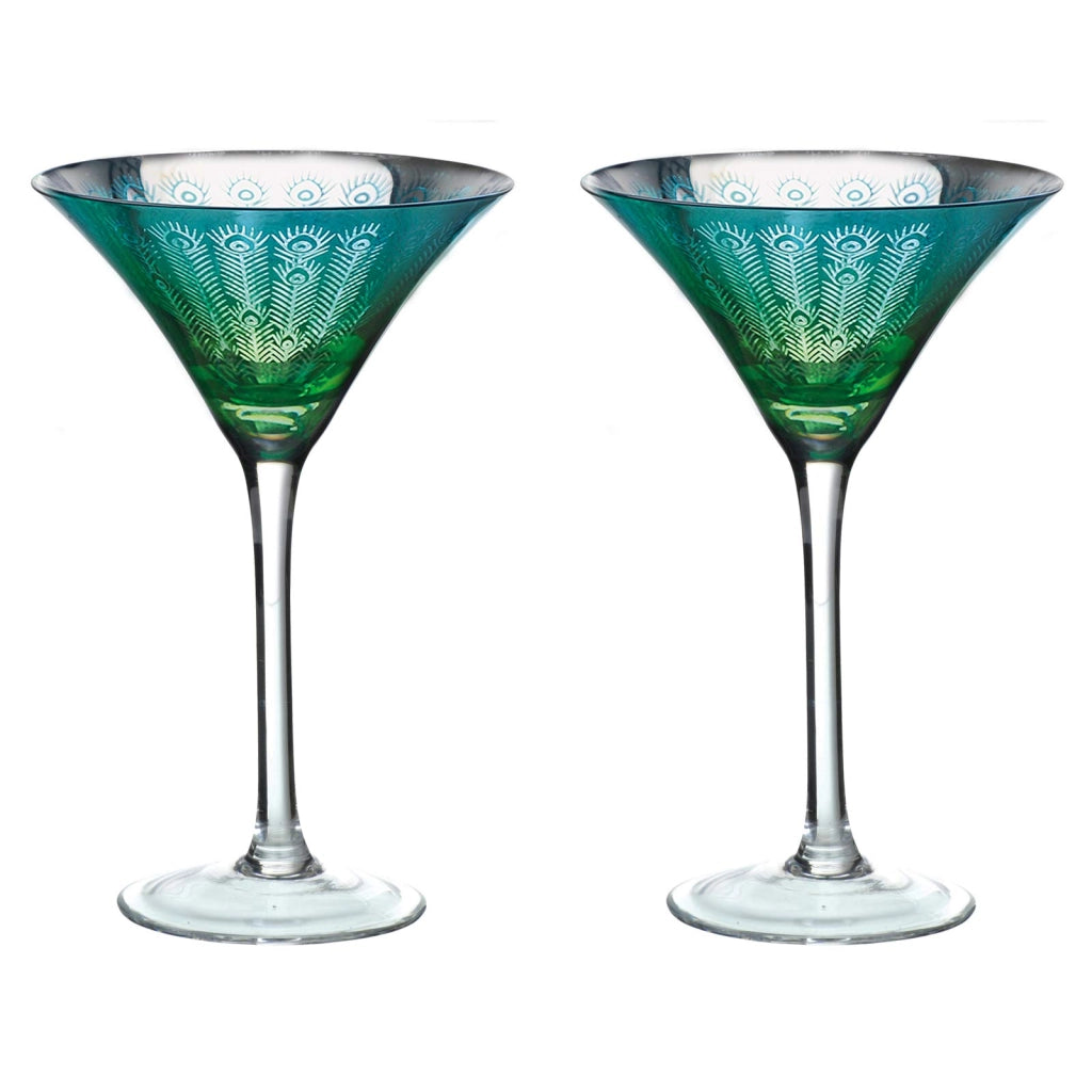 2 bicchieri da martini a forma di pavone, multicolore, soffiati a bocca