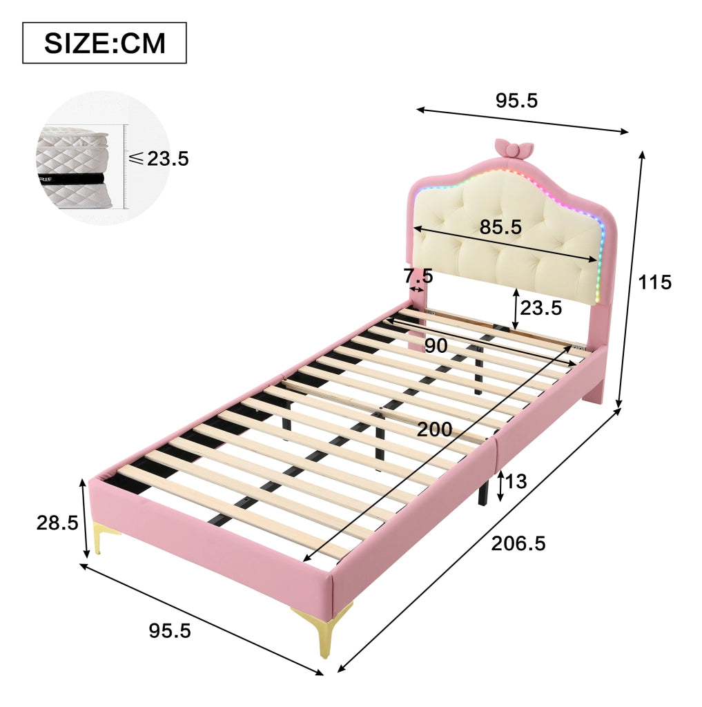 Letto singolo imbottito 90x200 cm con LED multicolore e rete a doghe; rosa e bianco