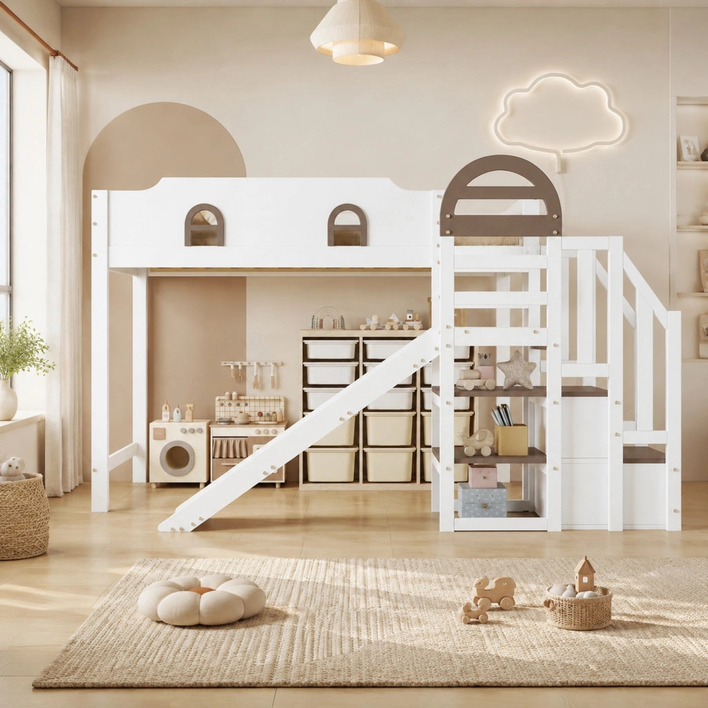 Letto a castello per bambini 90x200 cm con scivolo e scala contenitore; bianco