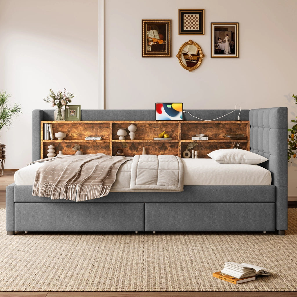 Letto singolo 90 × 200 cm con 2 cassetti in lino e MDF grigio con porte USB Type-C e ripiani