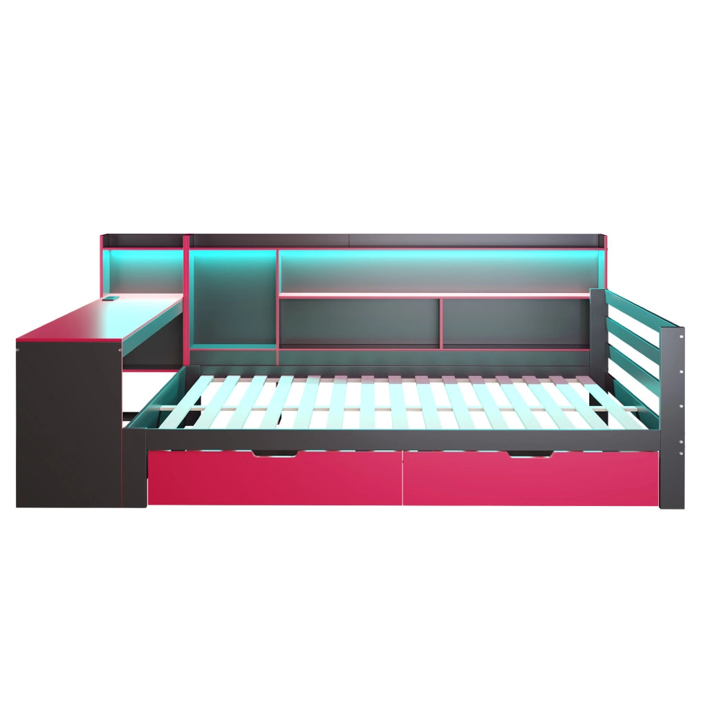 Letto matrimoniale multifunzione 140x200 cm con scrivania; LED e USB; nero e rosso
