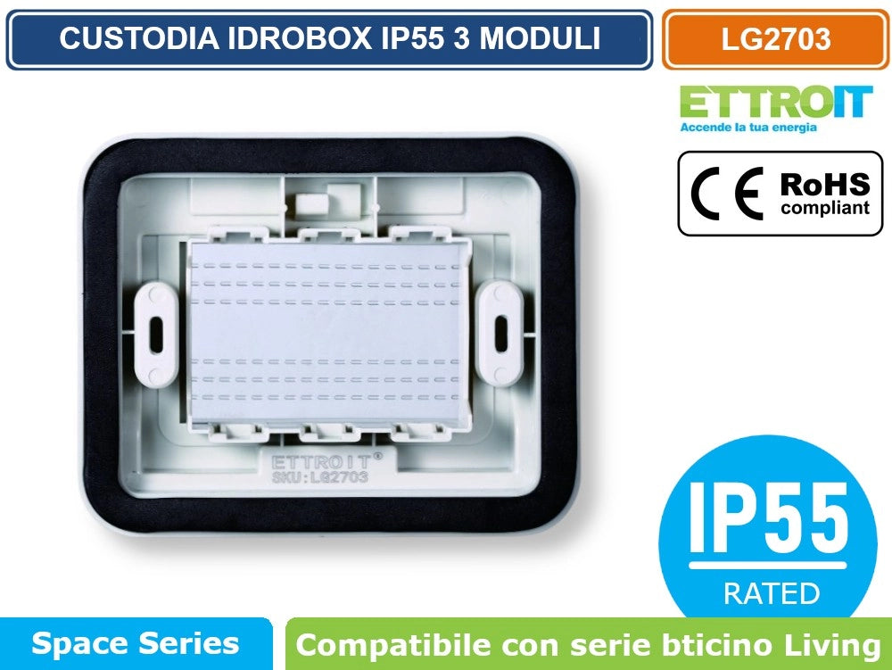 ETTROIT LG2703 PLACCA COPERTURA STAGNA 3M IDROBOX 3 MODULI GRIGIA IP55 COMPATIBILE SERIE BTICINO LIVING