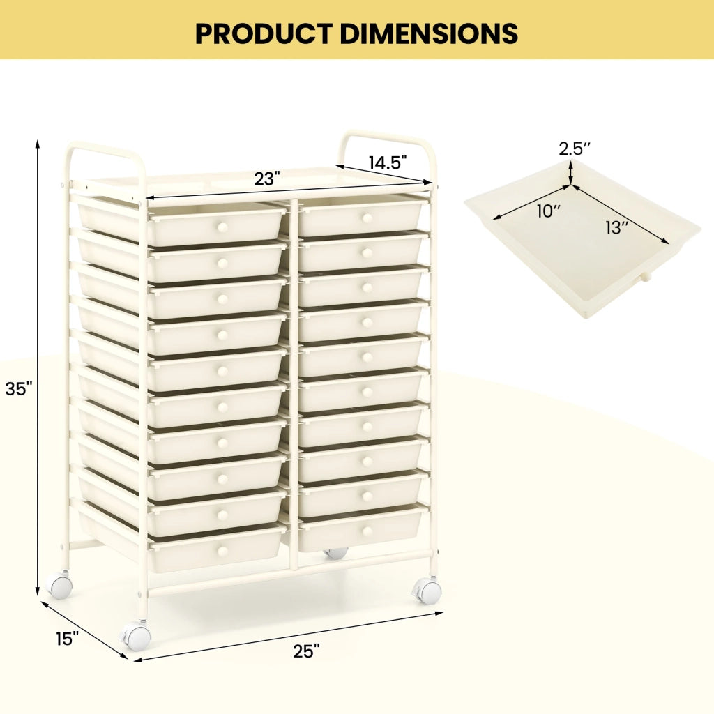 20 Drawers Rolling Storage Cart Studio Organizer-Beige