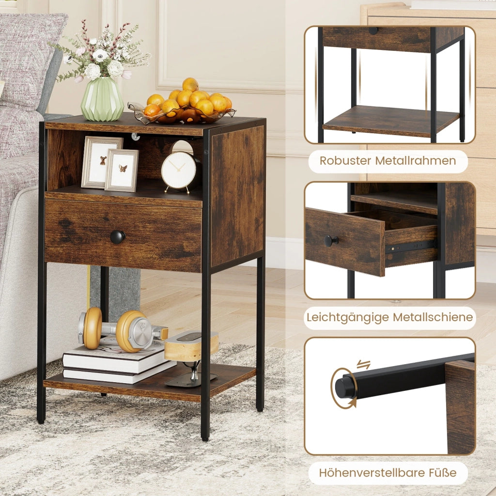 Nightstand with charging station, industrial side table with open compartment, drawer & shelf, rustic brown