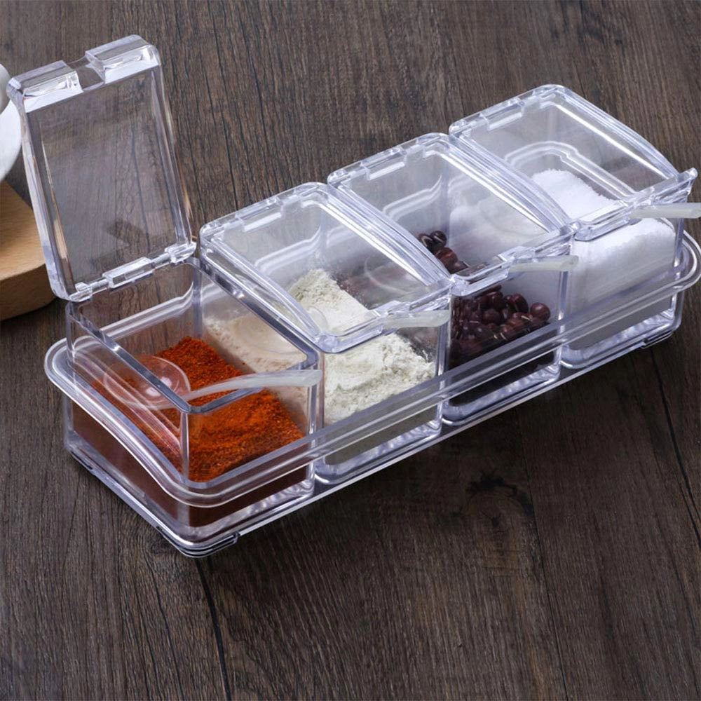 Set di 4 contenitori per spezie, trasparenti, in plastica PS, con cucchiaino
