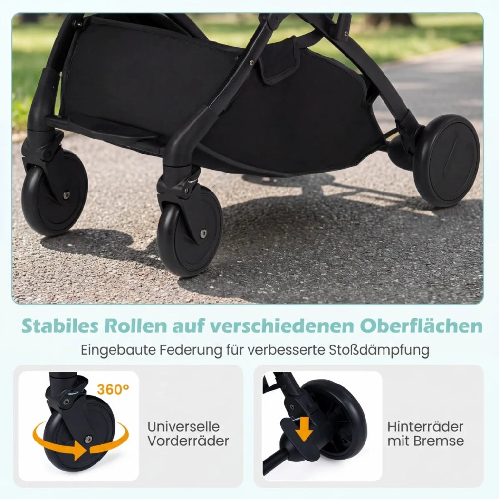 Foldable stroller with rain cover & adjustable backrest & footrest, travel buggy, grey