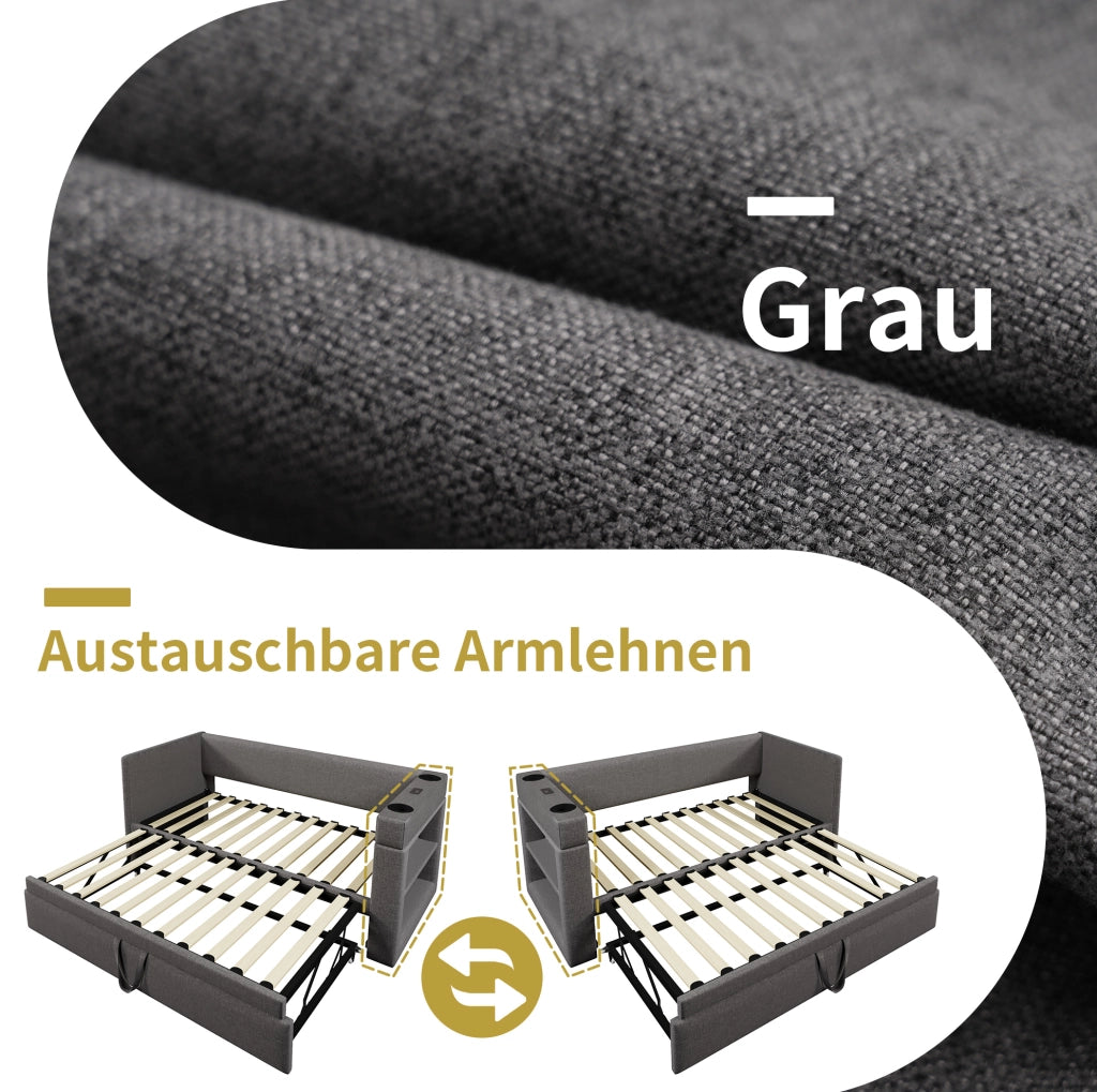 Letto divano estraibile 90x200 cm grigio con USB e portabicchieri