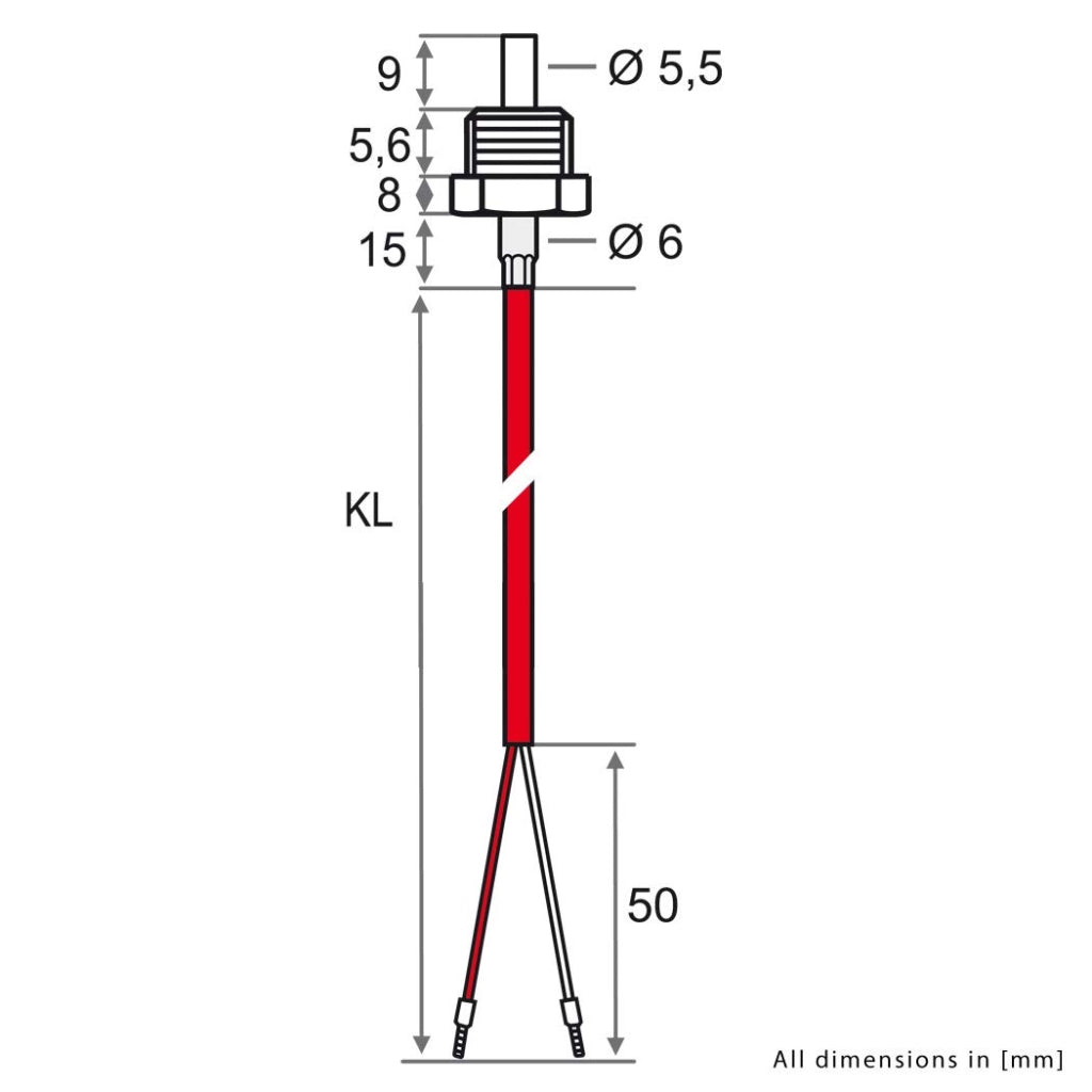 Sensore a immersione PT1000, filettatura M6, intervallo di temperatura da -50 a +180 °C, cavo da 5 metri