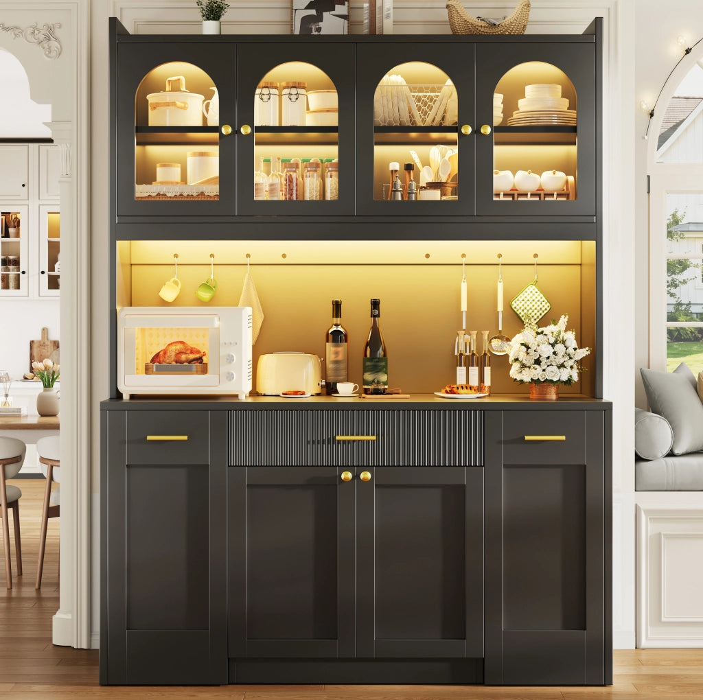 Mobile alto da cucina nero 120 cm con LED RGB e vetrine