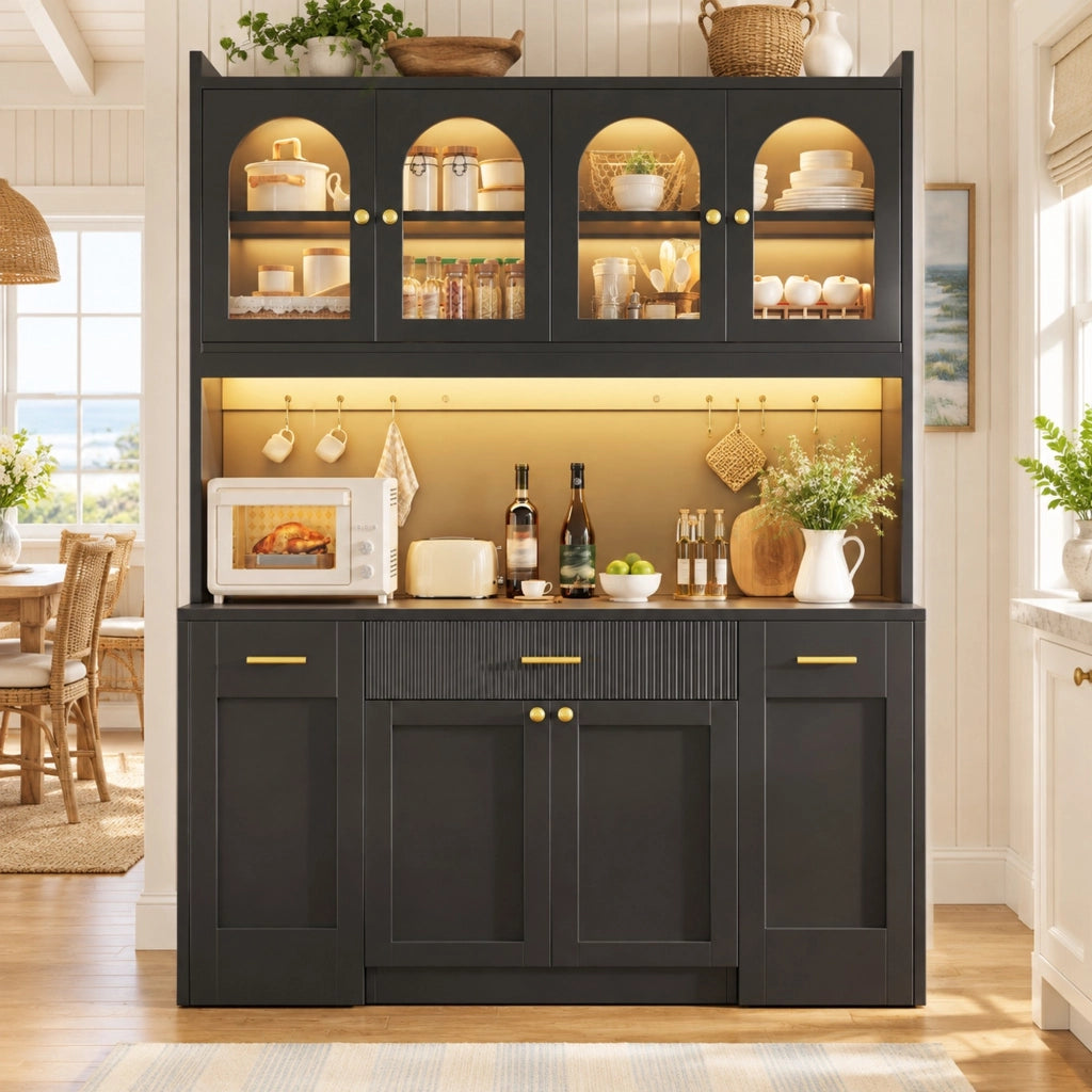 Mobile alto da cucina nero 120 cm con LED RGB e vetrine