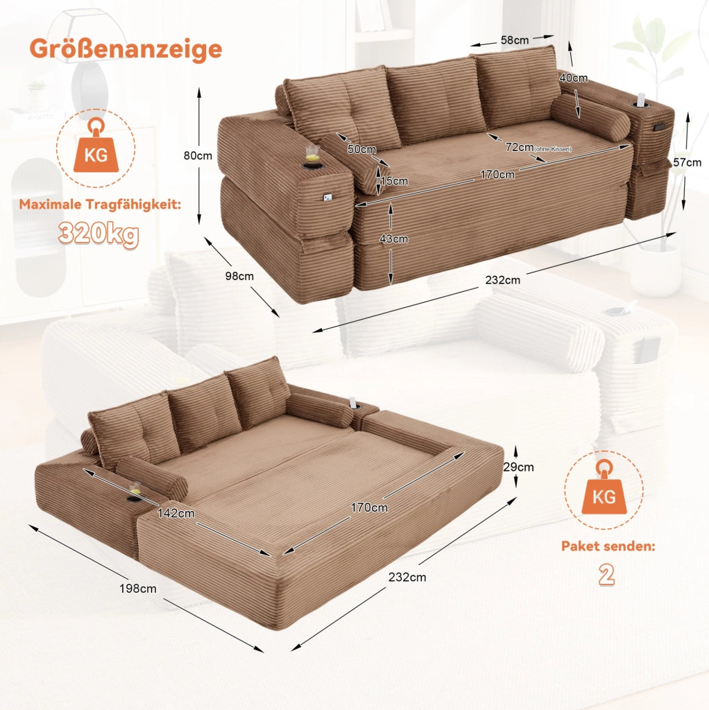 DIVANO letto 232x98x80 cm in velluto a coste marrone