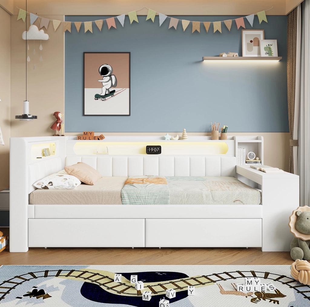 Letto singolo 90x200 cm con scrivania; 2 cassetti; LED e USB in MDF e compensato bianco