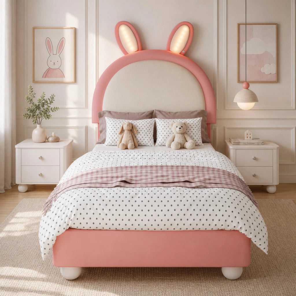 Letto singolo imbottito per bambini 90x200 cm con LED e testiera a coniglio; rosa