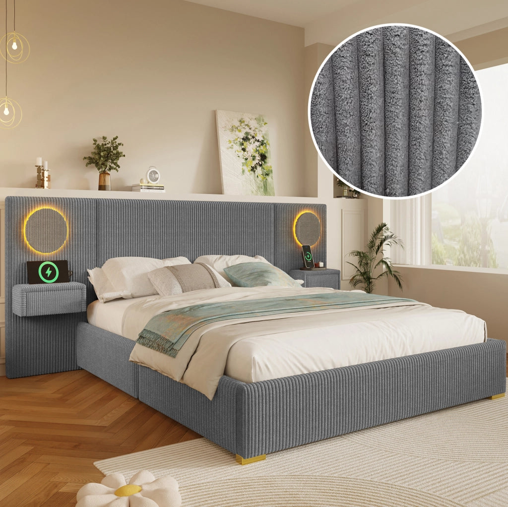 Letto matrimoniale imbottito 180x200 cm grigio con LED e USB