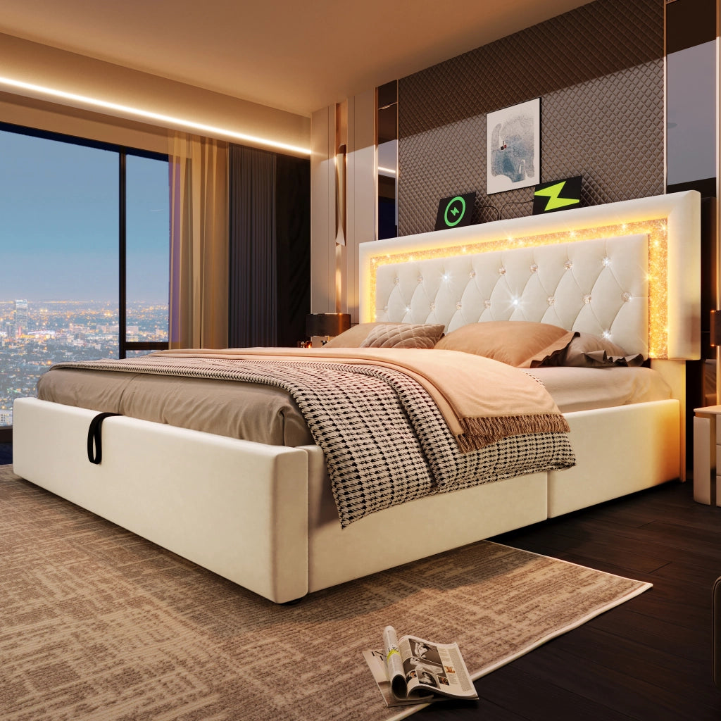 Letto imbottito beige 140x200 cm con testiera LED
