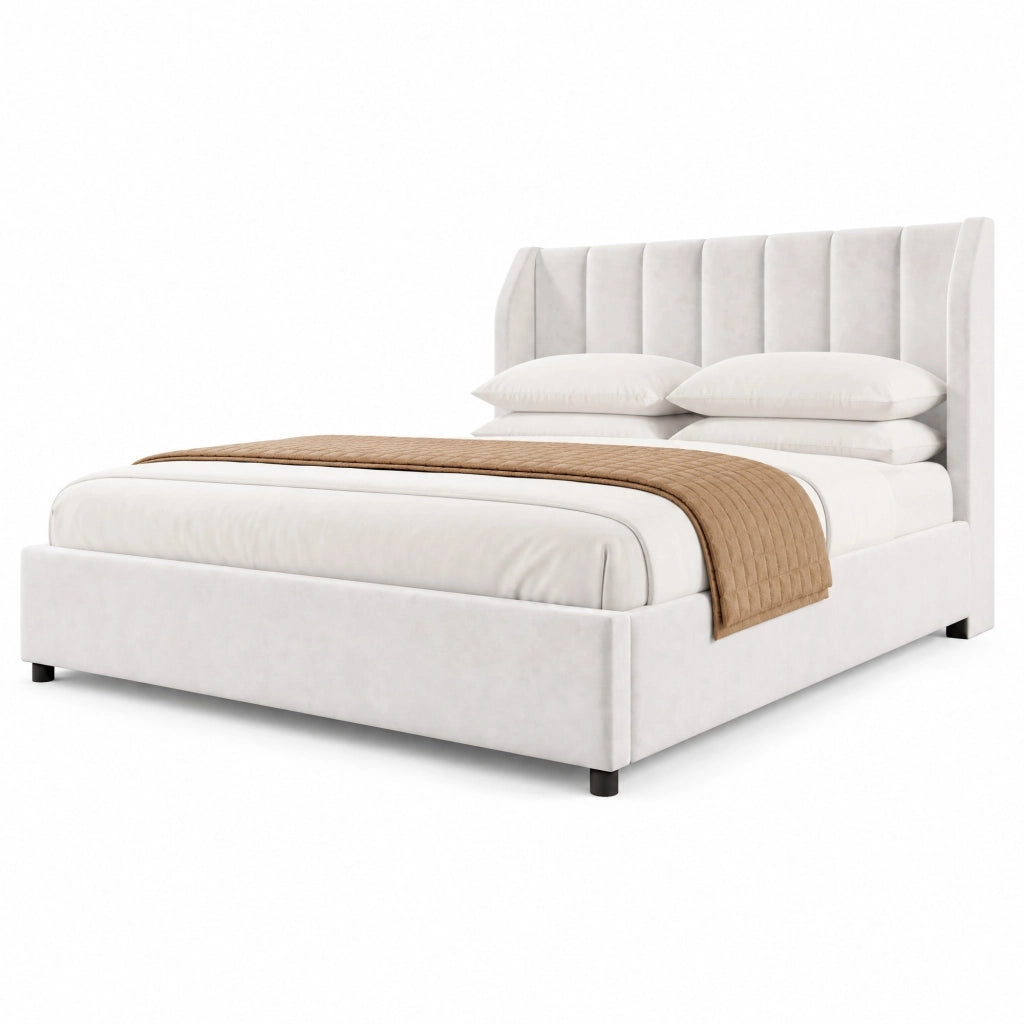 Letto imbottito 140x200 cm beige con rete a doghe e 2 cuscini
