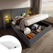 Letto Contenitore 160 x 200 cm, Matrimoniale, Lampada Touch, USB e Tipo C, Grigio