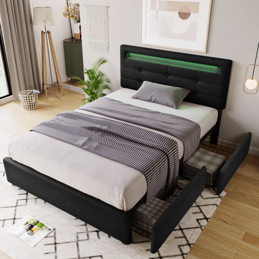 Letto singolo 90x200 imbottito nero con illuminazione LED