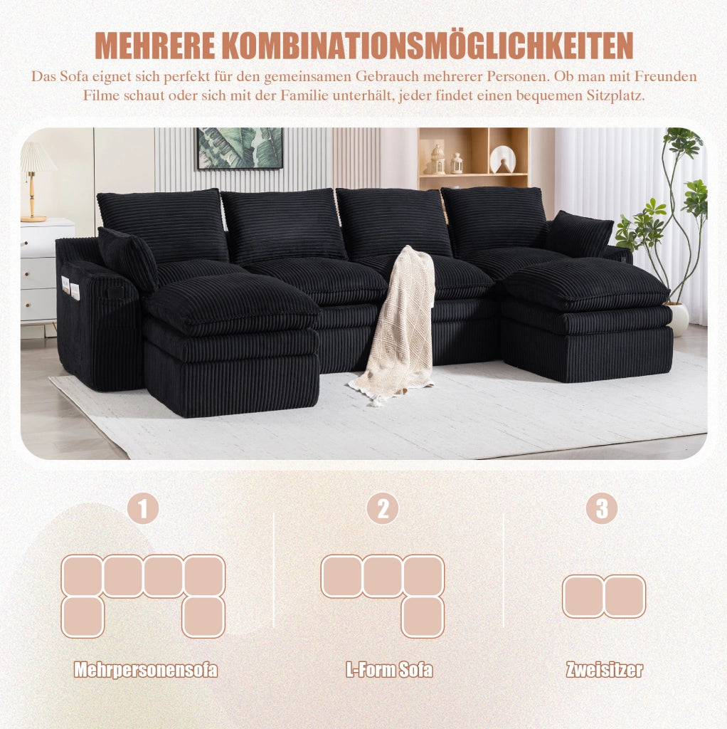 Divano modulare ULEVR 335x167x85 cm in velluto a coste nero con tasche laterali e cuscini