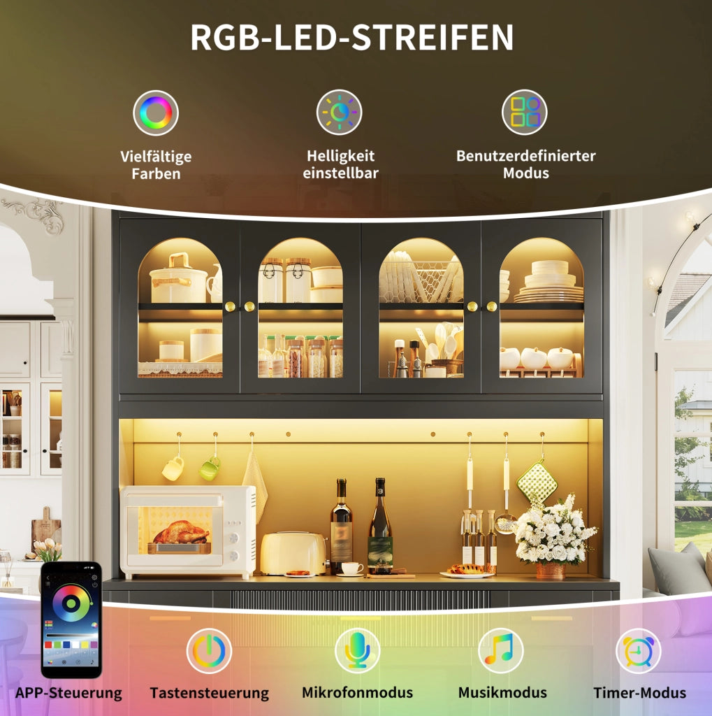 Mobile alto da cucina nero 120 cm con LED RGB e vetrine