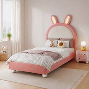 Letto singolo imbottito per bambini 90x200 cm con LED e testiera a coniglio; rosa