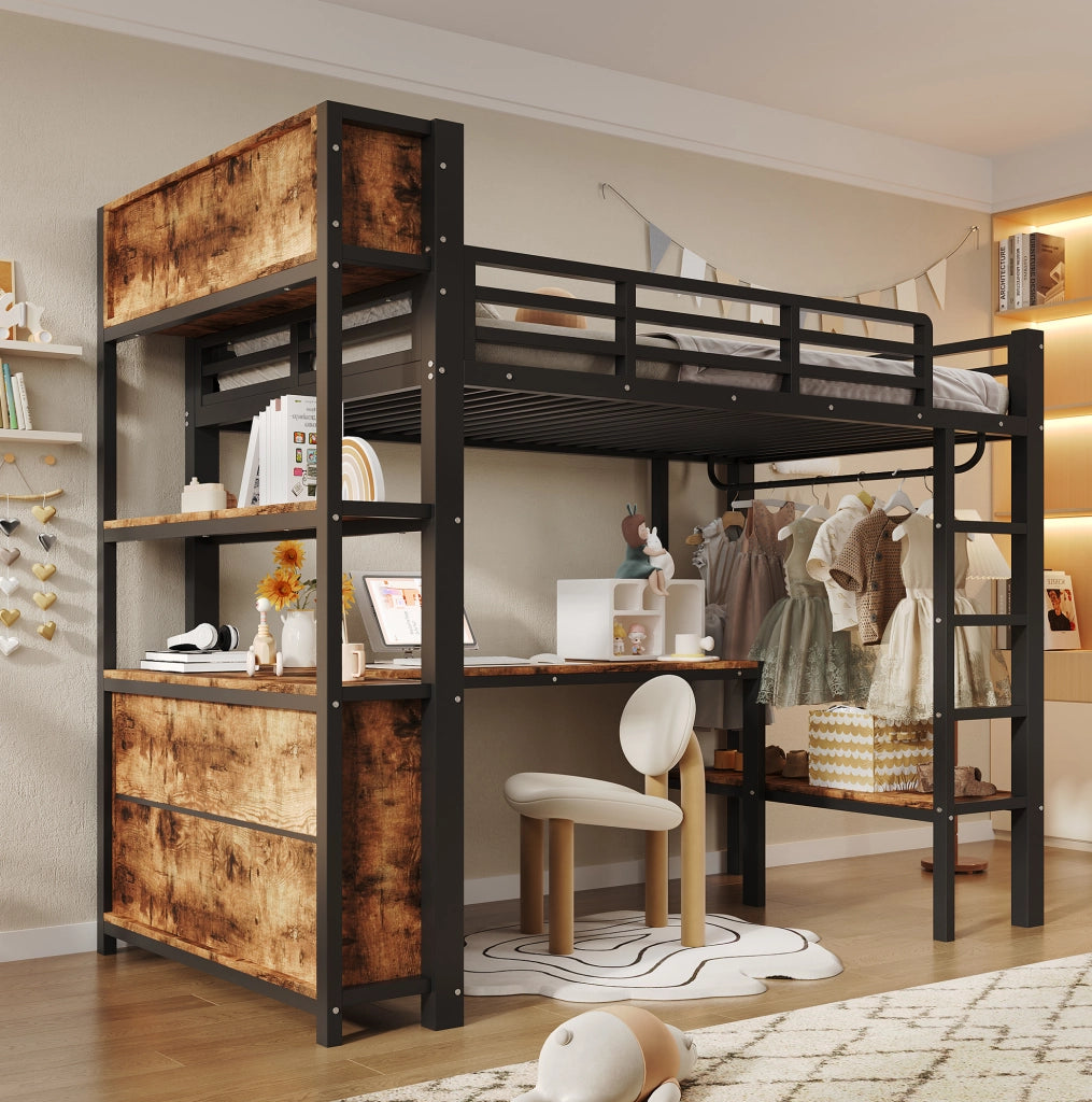 Letto a soppalco 90x200 cm con scrivania e guardaroba