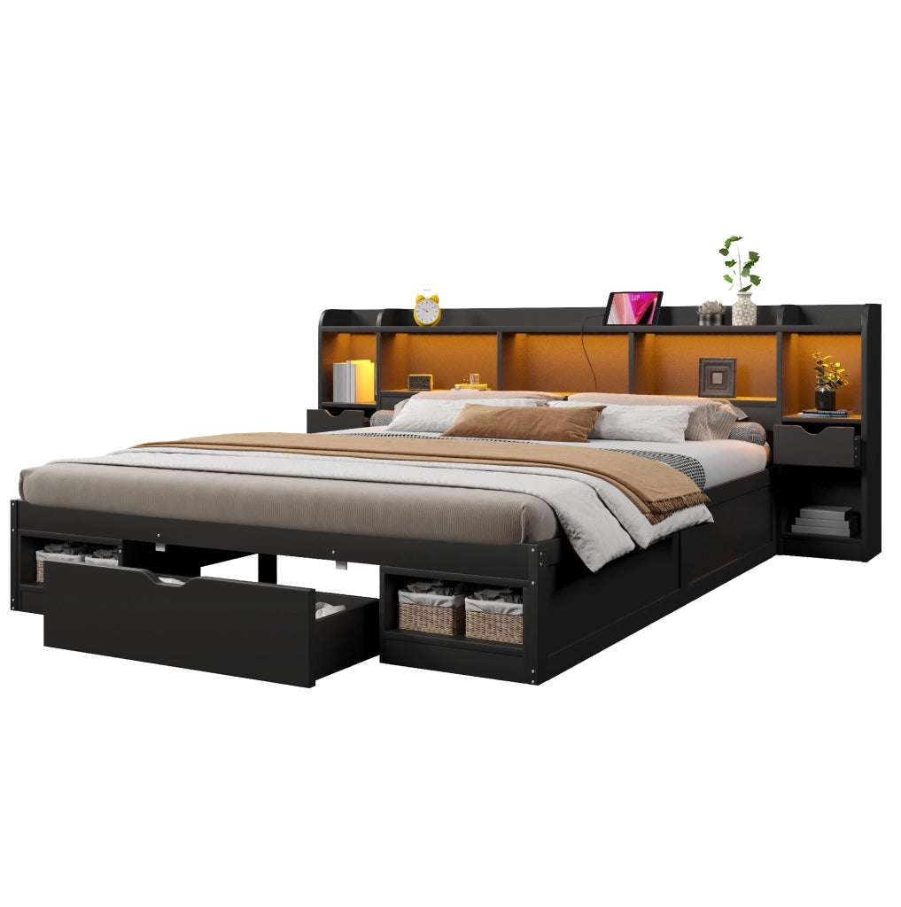 Letto matrimoniale 180x200 cm con contenitori e LED, nero