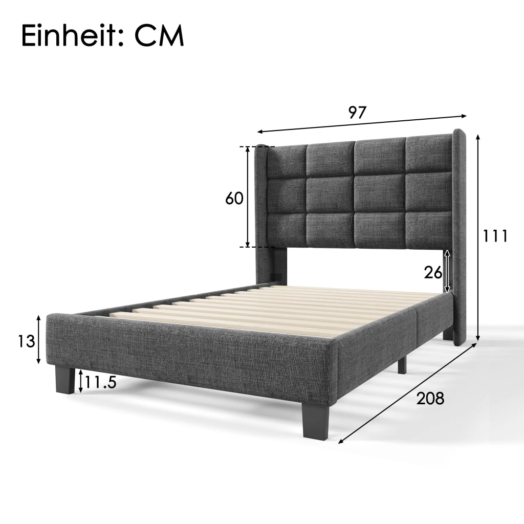 Letto singolo imbottito 90x200 cm grigio in lino
