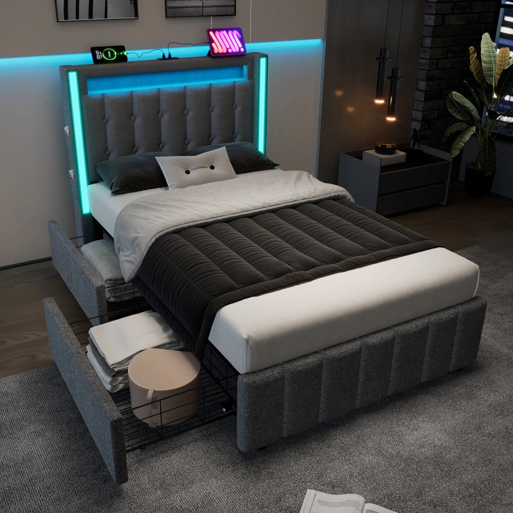 Letto singolo 90x200 cm grigio con due cassetti e materasso