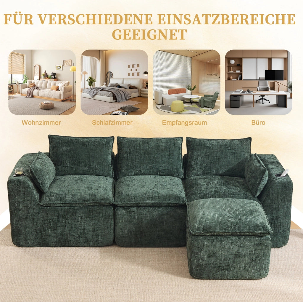 DIVANO Modulare con pouf 256x161x75 cm in ciniglia verde