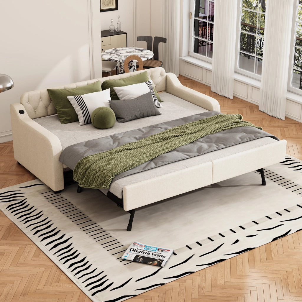 Divano letto beige 90 x 200 cm con letto estraibile