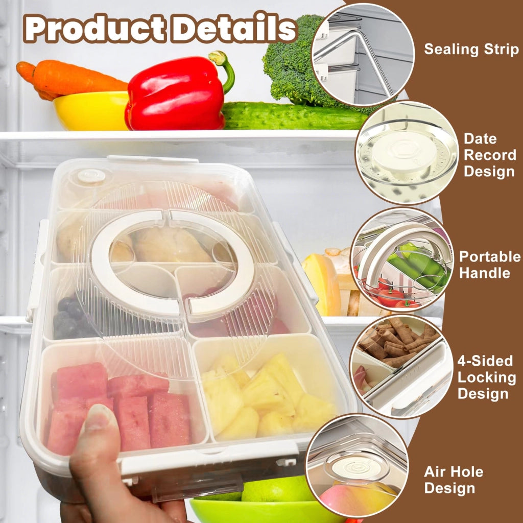 Contenitore per snack con 6 scomparti, coperchio, maniglia e 4 forchette, portatile