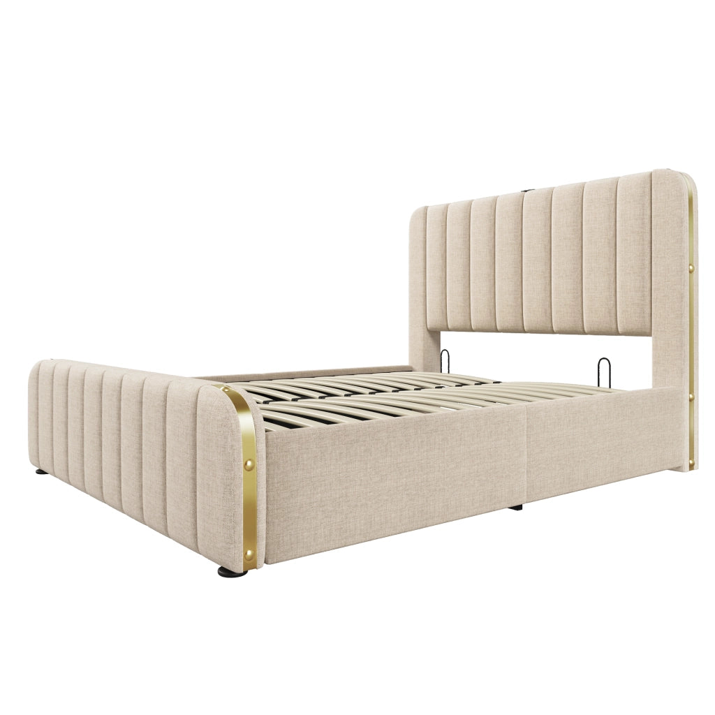 Letto matrimoniale imbottito 140x200 beige con contenitore