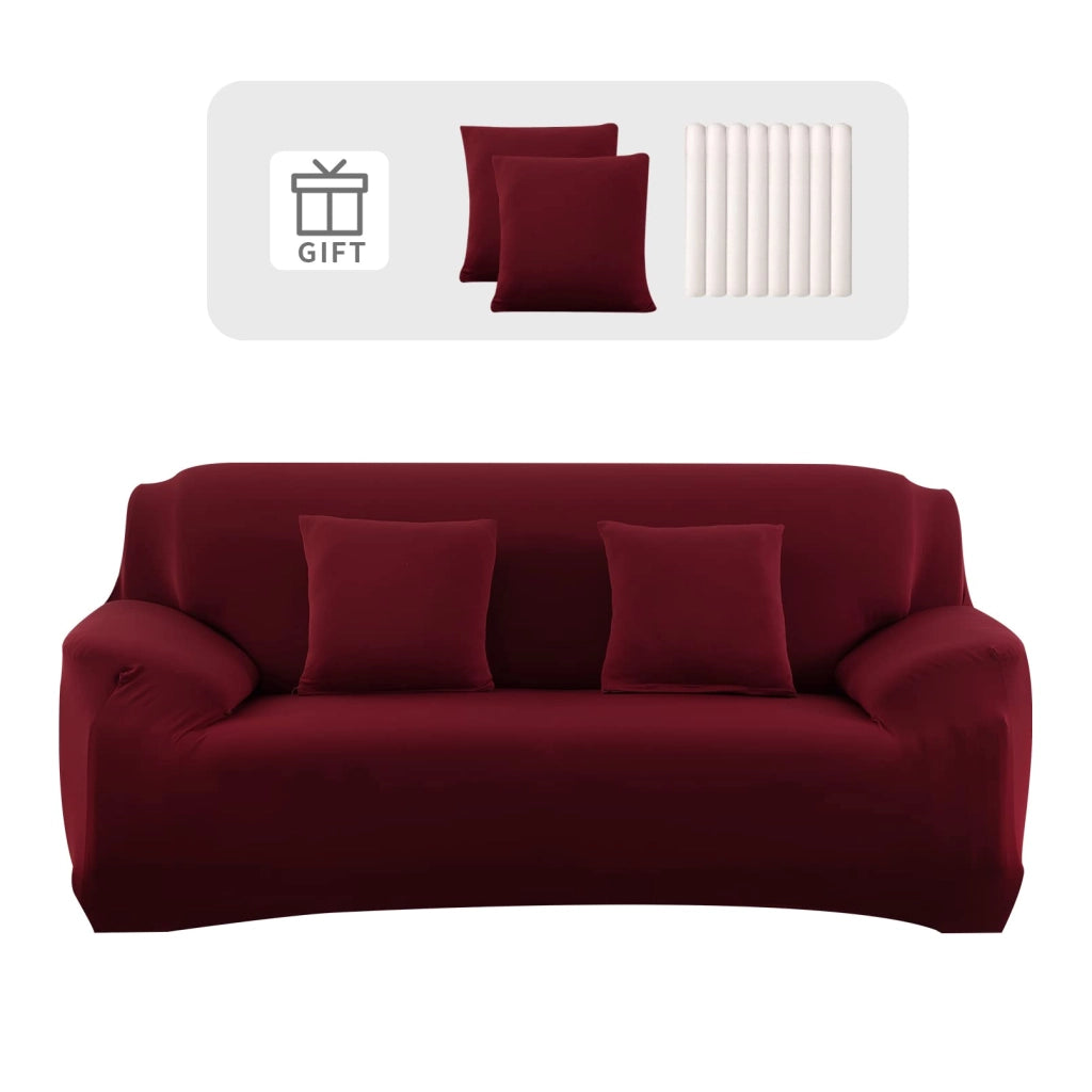 Divano imbottito elasticizzato, 4 posti, color Bordeaux, con braccioli, e 2 copripoltrona