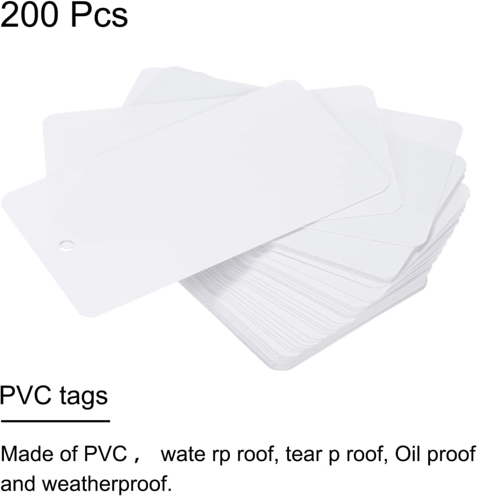 200 etichette in plastica impermeabile, bianche, di dimensioni 5x9 cm, con foro
