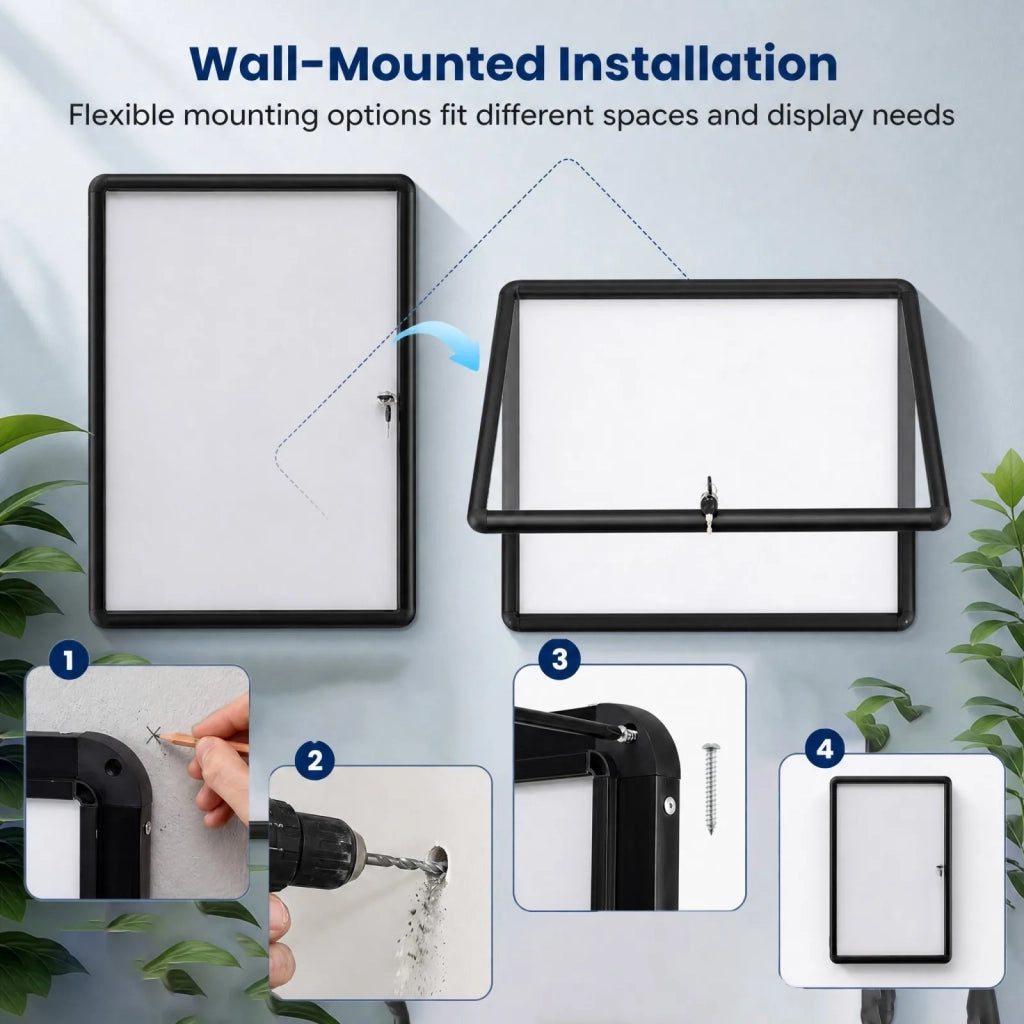 Lockable display case/information box with magnetic and writable back panel, 84 x 54 cm, black