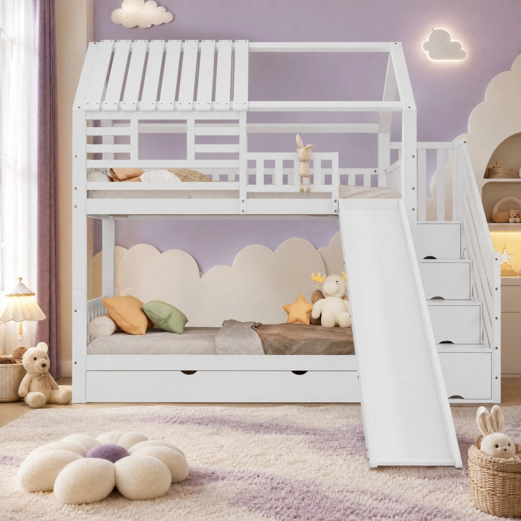 Letto a castello per bambini 90x200 cm con scala contenitore e scivolo; bianco