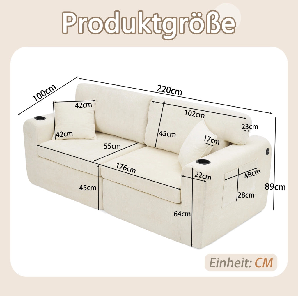 DIVANO Relax 2 posti 220x100x89 cm in chenille beige con porta USB
