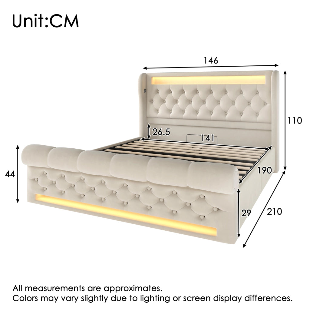 Letto matrimoniale contenitore 140x190 beige con luci LED