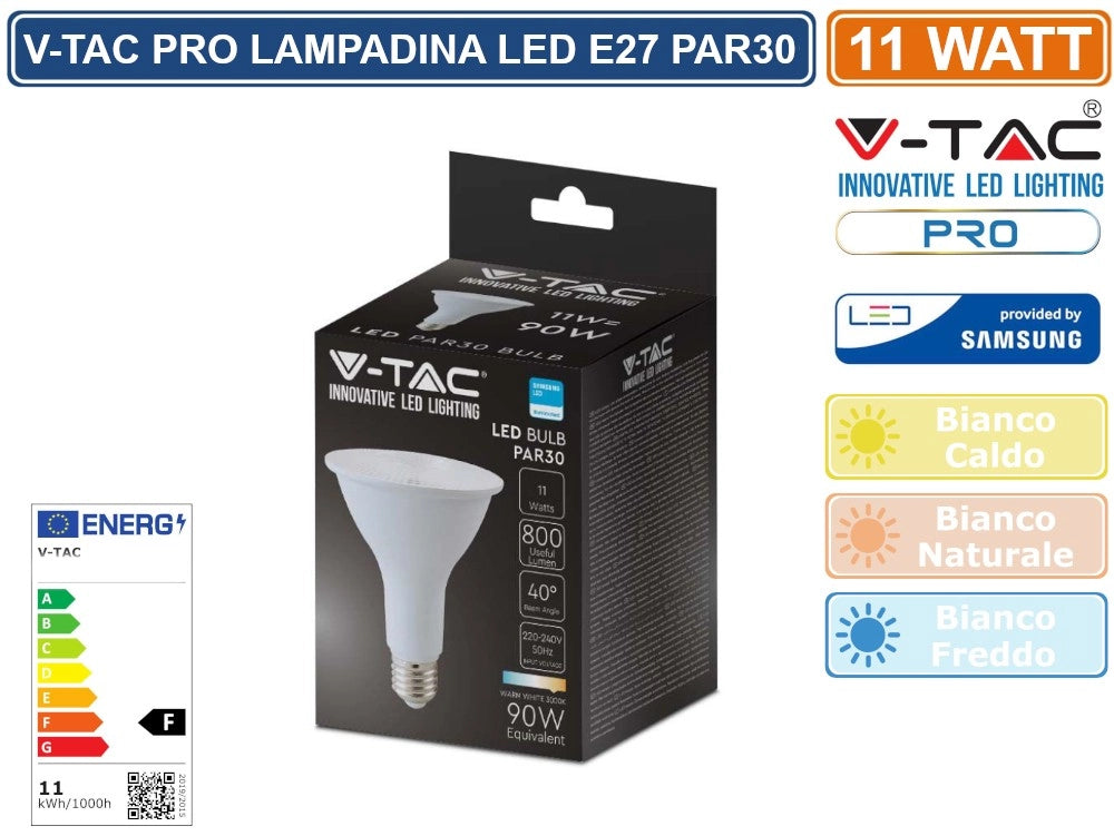 V-TAC PRO VT-230 LAMPADINA LED E27 11W BULB PAR LAMP PAR30 CHIP SAMSUNG - Colore Luce:Bianco Naturale