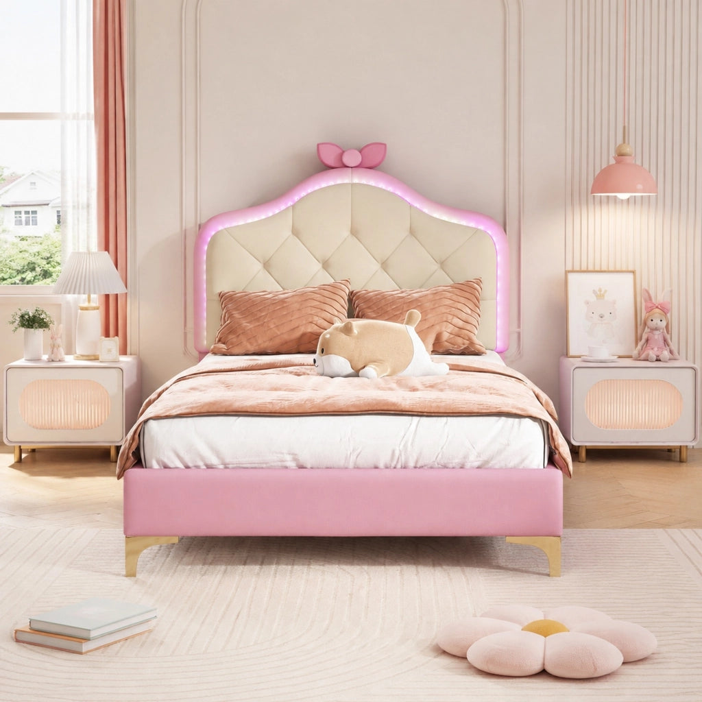 Letto singolo imbottito 90x200 cm con LED multicolore e rete a doghe; rosa e bianco